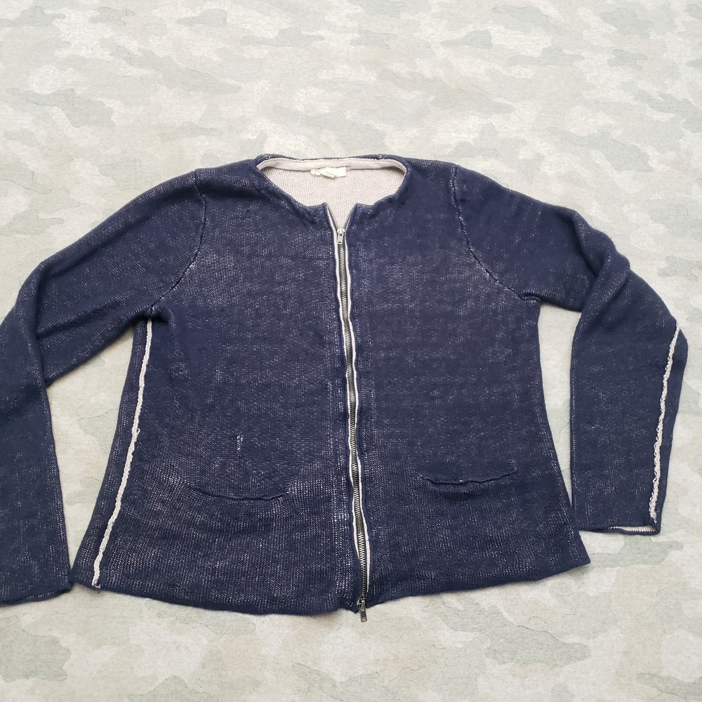 Eileen Fisher Cardigan Womens Petite Large Blue Full Zip Pockets